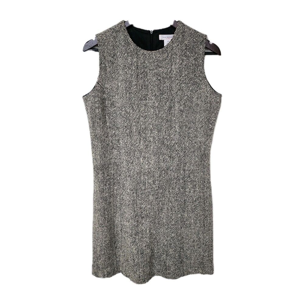ISAAC MIZRAHI Black Cream Tweed Sheath Dress Sleeveless Back Zip Sz12 Wool/Rayon